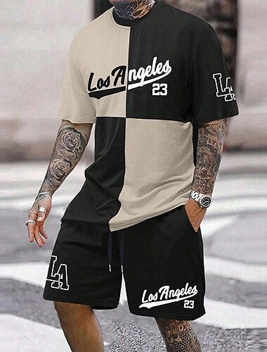  Herren Text / Nummer 2St T-Shirts-Sets Sommeroberteile Kurzarm Kurze Hosen Rundhalsausschnitt Athleisure Sport & Outdoor Sport Alltagstauglich Rundhalsausschnitt Sommer Weiß Blau Braun