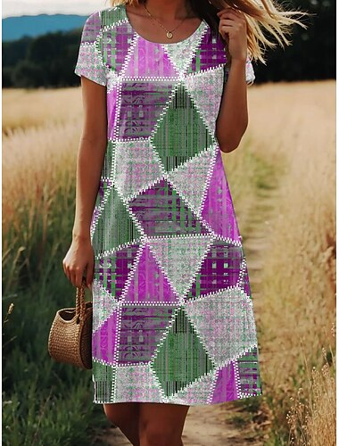  Damen Mini Kleid A-Linien Kleid T-Shirt Kleid Tee Kleid Sommerkleid Stilvoll Freizeit Täglich Regulär Fit Grafik Geometrisch Kurzarm Rundhals Blau Lila Orange Sommer Frühling