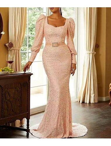  Meerjungfrauenschnitt Kleider für Hochzeitsgäste Elegant Kleid Hochzeit Schwarze-Krawatte-Gala Hofschleppe Langarm Quadrathals Gürtel / Schärpe Paillettenbesetzt Rückenfrei mit Glitzer Paillette 2025