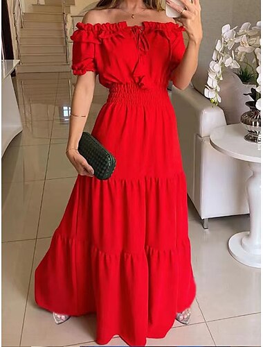  Robe Maxi Femme Grande Taille Robe Évasée Robe de Laitière Robe Off The Shoulder Robe à Manches Bouffantes Vacances Plein Air Quotidienne Coupe Régulière Uni Manches Courtes Off Shoulder Noir Jaune