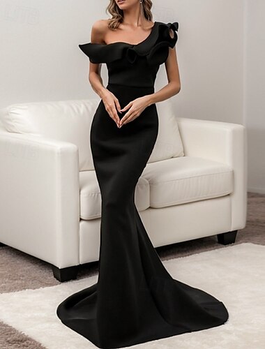  Mermaid / Trumpet Evening Gown Elegant Dress Black Tie Gala Birthday Court Train Short Sleeve One Shoulder Bridesmaid Dress Italy Satin Ladder Back with Ruffles