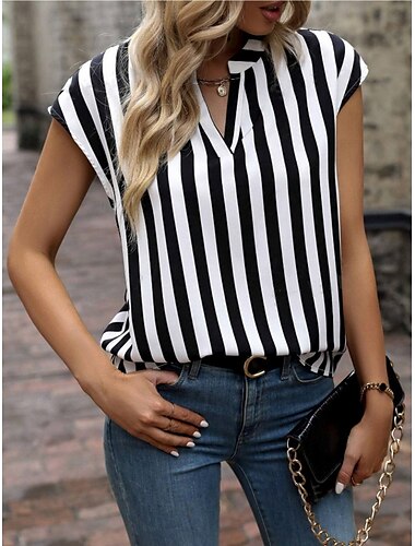  Damen Cami Tanktop Gestreift Stilvoll Lässig Kurzarm Eingekerbter Hals Reguläre Tops Täglicher Druck Schwarz Blau Sommer Frühling