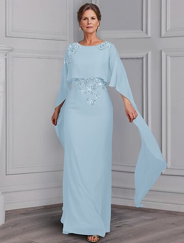  Etuikleid/Säulenkleid, elegantes Kleid für die Brautmutter, U-Boot-Ausschnitt, bodenlang, Stretch-Chiffon, lange Ärmel, mit Spitzenbesatz, Blumenmuster, 2025