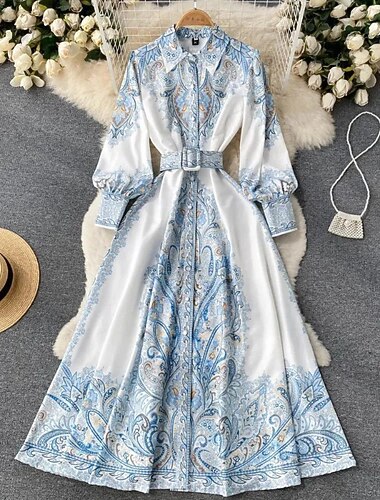  Γυναικεία Μίντι φόρεμα Φόρεμα Boho Μοντέρνα Αργίες Εξόδου Σαββατοκύριακο Κανονικό Λουλούδι Μακρυμάνικο Κολάρο Πουκαμίσου Μαύρο Θαλασσί Σομόν Καλοκαίρι