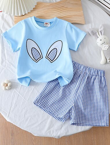  2 Stück Kinder Mädchen Kaninchen Druck T-Shirt & Shorts einstellen Kurzarm Niedlich Outdoor Ab 4 Jahren Sommer Blau