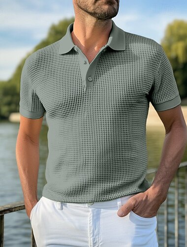  Herren Textur Golfshirt Geschäft Lässig Klassisch Kurzarm Mode Modern Einfarbig Knöpfe Sommer Frühling Normale Passform Weiß Gelb Hellgrün Burgunderrot Khaki Grau Textur