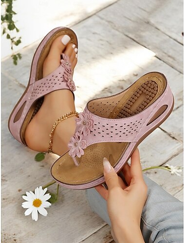  sandali da donna con zeppa e inserti floreali rosa con plantare massaggiante - comode scarpe estive slip-on per abbigliamento casual e viaggi