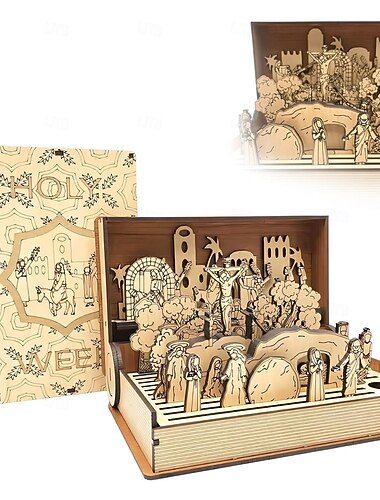  familie paascadeau voor de heilige week, paasdecor met opstandingsscène, houten speelset met boeken voor de heilige week, handgemaakte vintage paasdecoratie, paasdecoraties voor thuis, religieuze