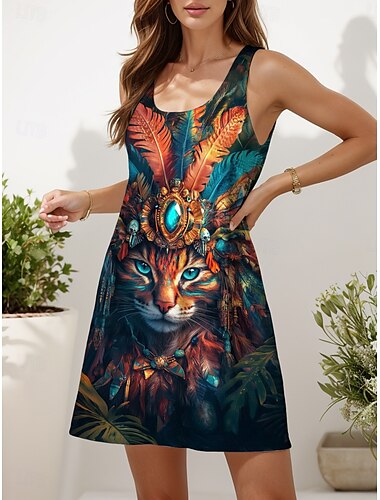  Damen Minikleid A Linie Kleid Sommerkleid Schulterfreies Kleid Urlaub Lässig Täglich Lässiger Schnitt Blumen Grafik Katze Ärmellos U-Ausschnitt Orange Sommer