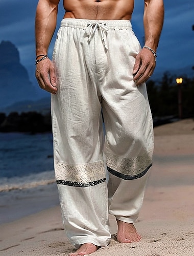  Herren Leinenhosen Hose Sommerhose Freizeithose Elastischer Bund Kordelzug Gerader Schnitt Einfach Komfort Atmungsaktiv Volle Länge Lässig Täglich Ferien Mode Klassicher Stil Lässiger Schnitt Beige