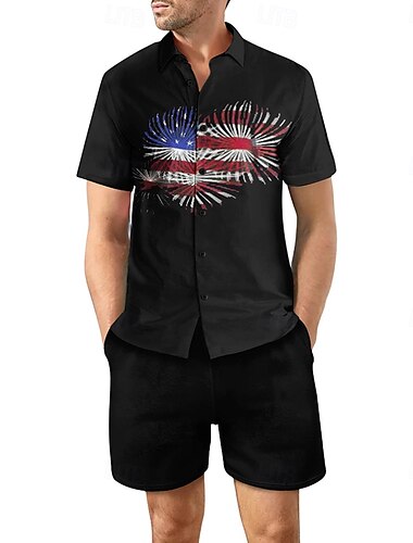  Amerikanischer Unabhängigkeitstag Herren US Flagge 2St Hemden-Sets Sommeroberteile Kurzarm Kurze Hosen Umlegekragen Täglich Sport & Outdoor Outdoor Täglich Festivalkleidung 3D-Druck Sommer Rubinrot