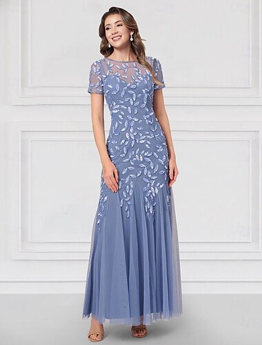  pärlstav blommig blågrön a-linje broderad brudmorsklänning bröllop elegant vintage v-hals ankellängd tyll kort ärm 2025