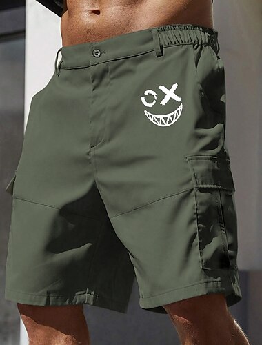  Herren Cargo-Shorts Arbeitsshorts Elastischer Bund Mehrere Taschen Lustig Lächelndes Gesicht Knielang Sport im Freien Lässig Campen und Wandern Klassisch Shorts Schwarz Armeegrün Mikroelastisch