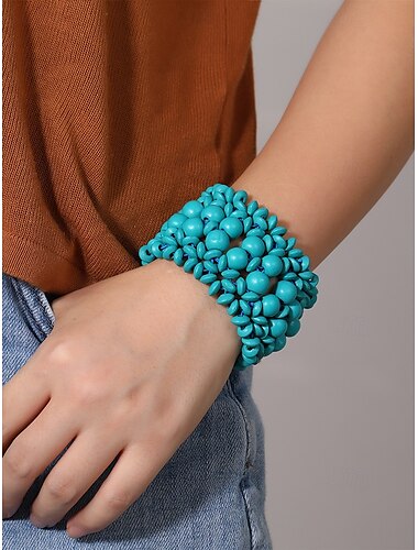  handgefertigtes Armband aus Holzperlen für Frauen - klobiges Stretcharmband im Boho-Stil, natürlicher Damenschmuck im Vintage-Ethno-Stil, Freizeit- und Strandaccessoires