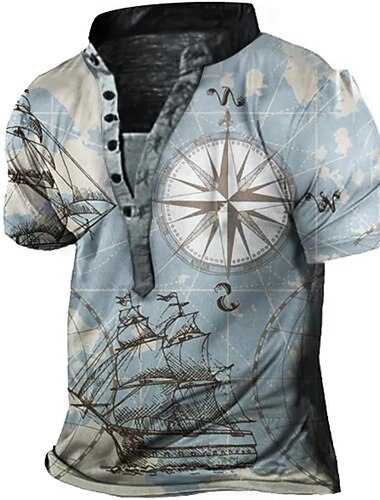  Herren Kompass T Shirt Henley Hemd T-Shirt Kurzarm Designer Vintage-Stil Basic Täglich Sommer Blau Hellgrau Khaki Henley Henley T-Shirt