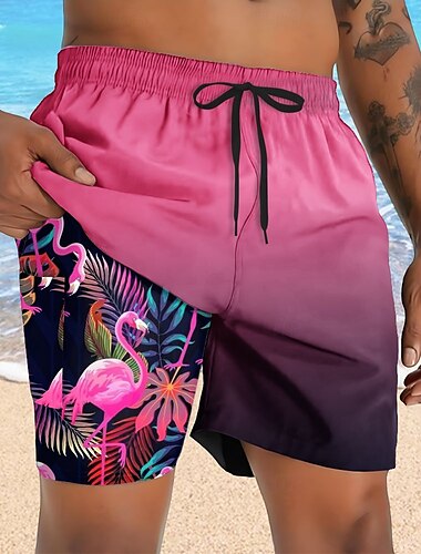  Herren Flamingo Vogel Gefütterte Shorts 2 in 1 Badeshorts Badeshorts Mittlere Taille Hawaiianisch Urlaub Ferien Strandbekleidung Seitentaschen Mit Kompressionsfutter Elastischer Kordelzug in der
