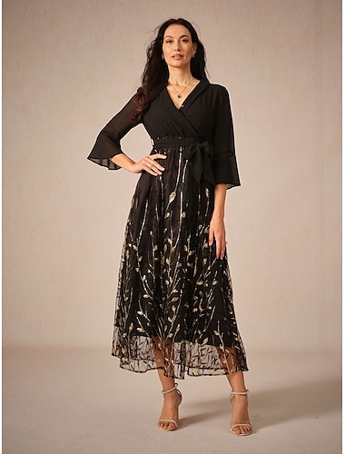  Women's Midi Dress V-Neck Long Sleeve Sheer Gold Branch Pattern Belted Elegant Party Evening Black Gold Full Size