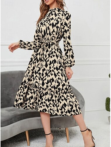  Dames Midi Jurk A-Lijn Jurk Fit En Flare Jurk Vakantie Casual Dagelijks Regelmatige Pasvorm Grafisch Lange Mouw Shirtkraag Zwart Zomer