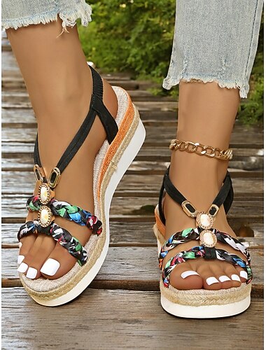 Sandalias de cuña con plataforma boho para mujer: sandalias de verano con tiras trenzadas y detalles de piedras preciosas para uso informal, de playa y de vacaciones.