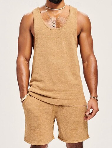  Hombre Camiseta sin mangas y pantalones cortos Trajes de 2 piezas Mangas cortas Cuello Barco Verano Color sólido Ropa de Gimnasia Casual 2 Piezas De Punto Vacaciones Ropa Cotidiana Ropa de Deporte