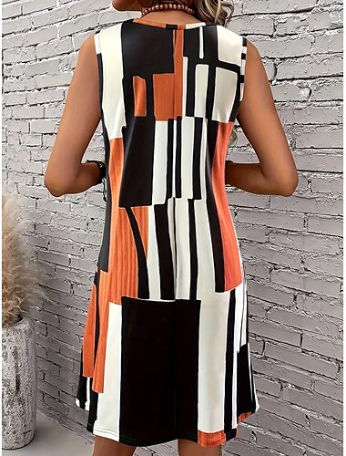  Damen Minikleid A Linie Kleid Sommerkleid Schulterfreies Kleid Urlaub Vintage Stilvoll Täglich Lässiger Schnitt Grafik Geometrisch Ärmellos U-Ausschnitt Orange Sommer Frühling