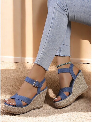  sandale de damă din denim cu pană cu curea la gleznă – încălțăminte casual și elegantă pentru cumpărături, cine în aer liber și petreceri de vară