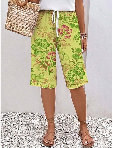  Damen Chinos Shorts Mode Streetwear Lässig Knielang Hohe Taille Blumen Kordelzug Bequem Weich Mikroelastisch Outdoor Urlaub Straße Apfel Grün Königliches Blau Blau Grün Sommer Normale Passform