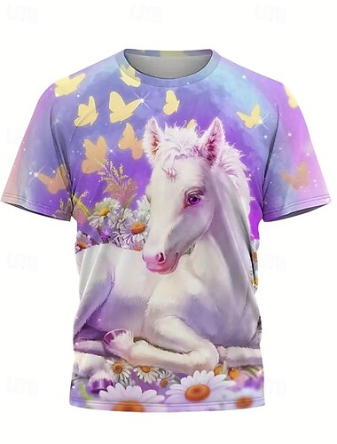  Mädchen 3D Pferd T-Shirt Kurzarm Sommer Frühling Mode Basic Kinder 4-12 Jahre Rundhalsausschnitt Outdoor Lässig Täglich Normale Passform