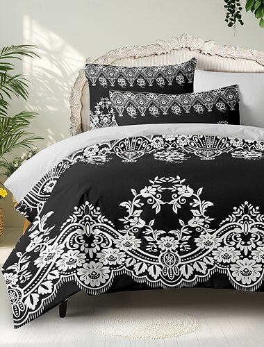  Juego de Funda de Edredón Bohemio 100% Algodón Suave y Transpirable Ropa de Cama en Blanco y Negro Cobertura Ligera y Duradera Confortable para Todas las Temporadas Fácil de Cuidar