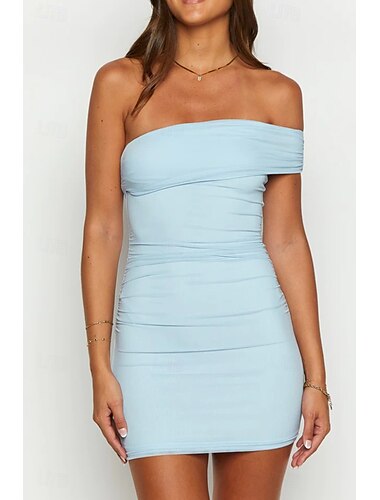 Damen Minikleid Weißes Kleid Abschlusskleid Heimkehr-Kleid Bodycon Mode Reifen Abschlussfeier Date Ausgehen Normale Passform Einfach Ärmellos Ein-Schulter Schwarz Weiß Leicht Blau Sommer