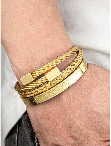  férfi arany, rozsdamentes acél karkötő készlet – római számokkal, fonott és kábelhuzal mandzsetta karperecekkel, stílusos egymásra rakható ékszerek üzleti, hétköznapi és party viselethez