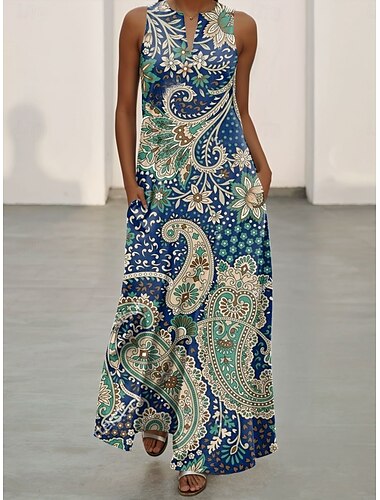  Dames Maxi Jurk Sundress Zomer Jurk Vakantie Losse Pasvorm Graphic Paisley Mouwloos Split Hals Blauw Zomer