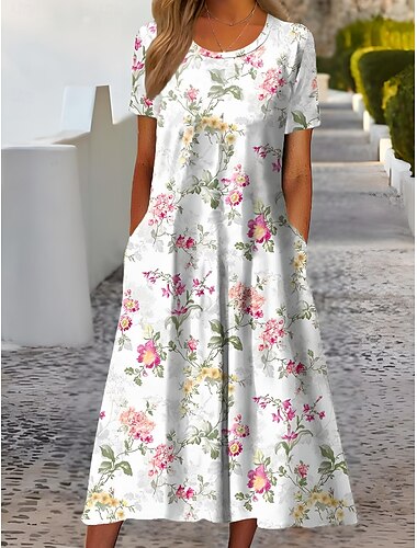  Dames Halflange jurk T shirt jurk Hemdjurk Zomerjurk Formeel Vakantie Dagelijks Normale pasvorm Bloemig Korte mouw Strakke ronde hals Wit Lichtgroen Blozend Roze blauw Zomer Lente
