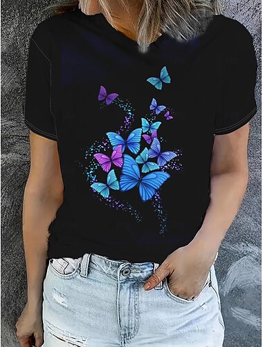  Women's T Shirt Summer Tops Graphic Butterfly Classic Casual Short Sleeve Crew Neck Crop Tops Daily Weekend Print Rainbow Summer Spring Fall