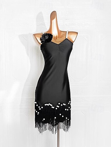  Baile Latino Vestido Cuentas Borla Color Puro Mujer Rendimiento Entrenamiento Sin Mangas Licra