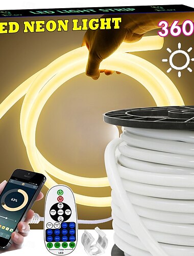 360 Neon-LED-Lichtstreifen mit Bluetooth-App, Musiksynchronisation und Timing, 3–40 m, flexibel/wasserdicht, LED-Lichtschlauch, 23-Tasten-Fernbedienung, geeignet für Heim-/Garten-/Gebäudedekoration,