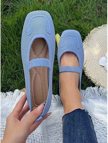  sapatilhas femininas mary jane flyknit – sapatos confortáveis de bico quadrado para uso diário e no verão