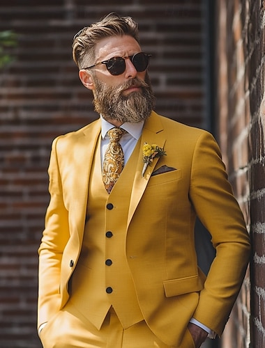  Trajes de negocios casuales para hombres en amarillo formales de color sólido ajustados de 3 piezas con un solo botón