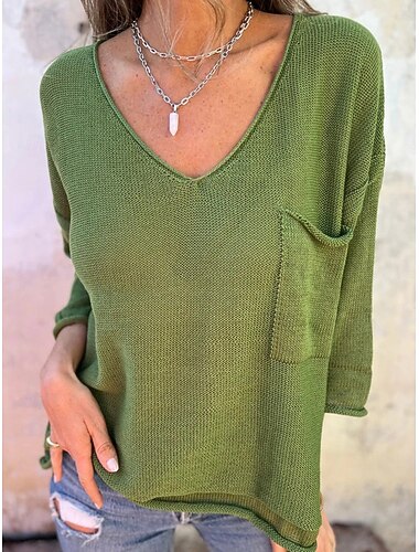  Blusa para Mujer Color Sólido Estilosa Casual de Manga Larga Cuello en V Tops Regulares Diarias Lino Como Botones Bolsillo Negro Blanco Rosa Verde Caqui Verano Primavera