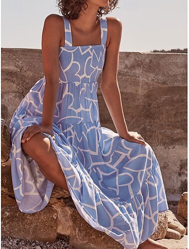  Damen Midikleid Corsagenkleider A Linie Kleid skims dress Urlaub Urlaub Täglich Strand Regular Fit Graphic Ärmellos Gurt Gelb Himmelblau Sommer