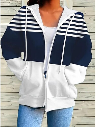  Mujer Talla grande Sudaderas con cremallera Geométrico A Rayas Activo Vintage Deportes Manga Larga Con Capucha Tops regulares Casual Festivos Cerrar Correa Bolsillo delantero Azul Marino Primavera