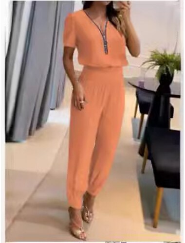  Women's 2 Pieces Fashion Streetwear Daily Pants Sets Short Sleeve V Neck Plain Zipper Casual Daily Black Orange Green Summer Regular Fit