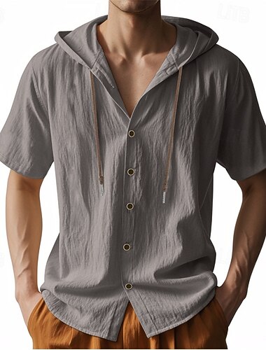  Herren Hemd Weißes Baumwollhemd Freizeithemd Knopfhemd Baumwollhemd Einfach Urlaub Straße Schwarz Weiß Khaki Grau Kurzarm Mit Kapuze Sommer Bekleidung Button-Down