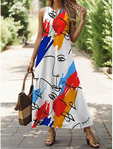  Dames Maxi Jurk A-lijn Jurk Zomer Jurk Casual Dagelijks Losse Fit Grafisch Geometrisch Mouwenloos Ingekorte Hals Regenboog Zomer