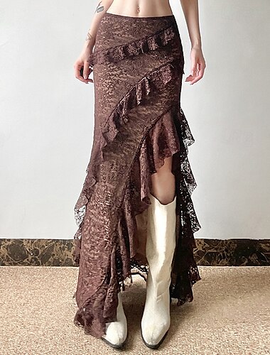  Rétro Vintage Médiéval Steampunk Jupe Pirate Dentelle A Volants Ourlet asymétrique Femmes Halloween Carnaval Décontracté Quotidien LARP Foire de la Renaissance Adulte Jupe
