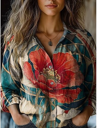  Damen Hemd Blumen Grafik Lässig Langarm Hemdkragen Normale Oberteile Arbeit Täglich Knöpfe Druck Schwarz Gelb Rosa Blau Grün Frühling Herbst Winter