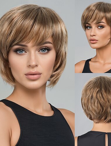  Perucas sintéticas Ondulado Onda de Água Corte em Camadas Corte Assimétrico Fabrico à Máquina Peruca 12 polegadas A1 Cabelo Sintético Mulheres Clássico Confortável Cabelo com Luzes / Reflexos Loiro