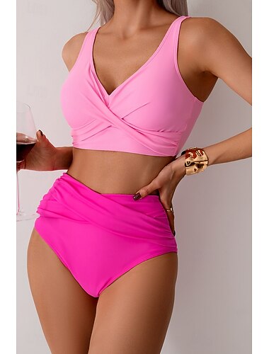  Mulheres Roupa de Banho Biquíni roupa de banho Franzido Cintura alta Tropical Roupa de Praia Tecido Decote em V-wire Sem Manga Fatos de banho