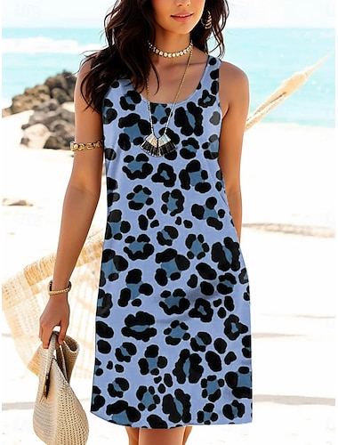  Damen Minikleid Sommerkleid Urlaub Lässig Täglich Lässiger Schnitt Grafik Leopard Ärmellos U-Ausschnitt Blau Purpur Braun Sommer