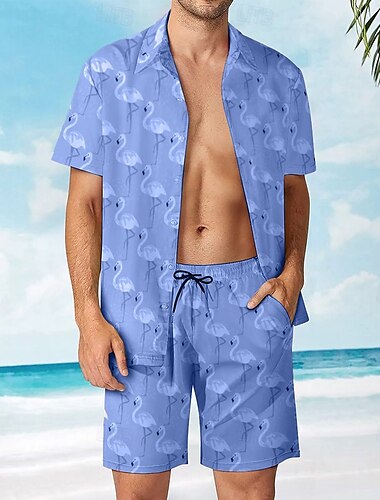  Herren Tiermotiv 2St Hemden-Sets Sommer Hawaiihemd Kurzarm Kurze Hosen Umlegekragen Urlaub Outdoor Lässig Täglich 3D-Druck Sommer Rosa Blau Himmelblau